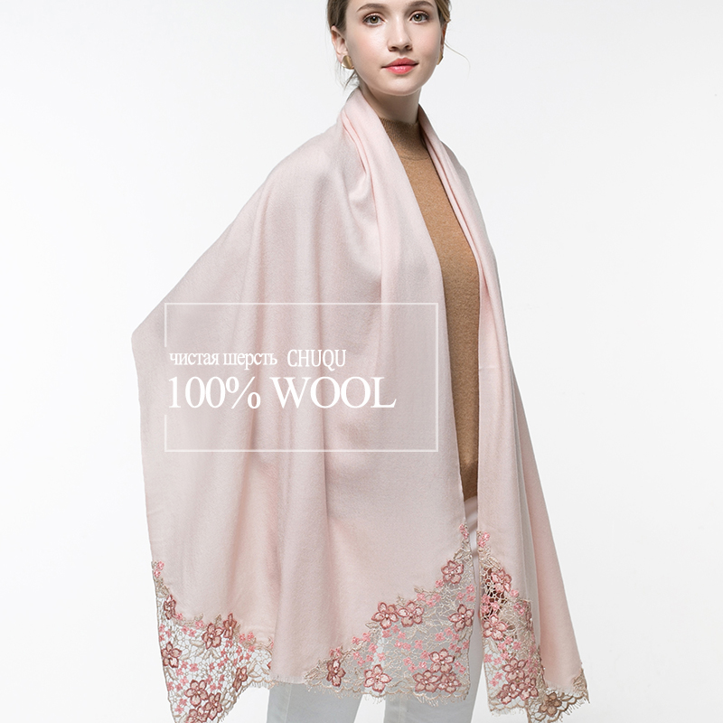 Embroidery Pashmina - 100% Gerçek Yün Pembe Eşarp Kadınlar