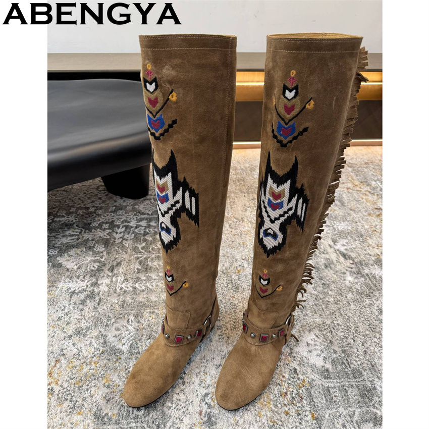 Embroidery Print - ABENGYA 2026 Kış Yeni Diz Yüksek