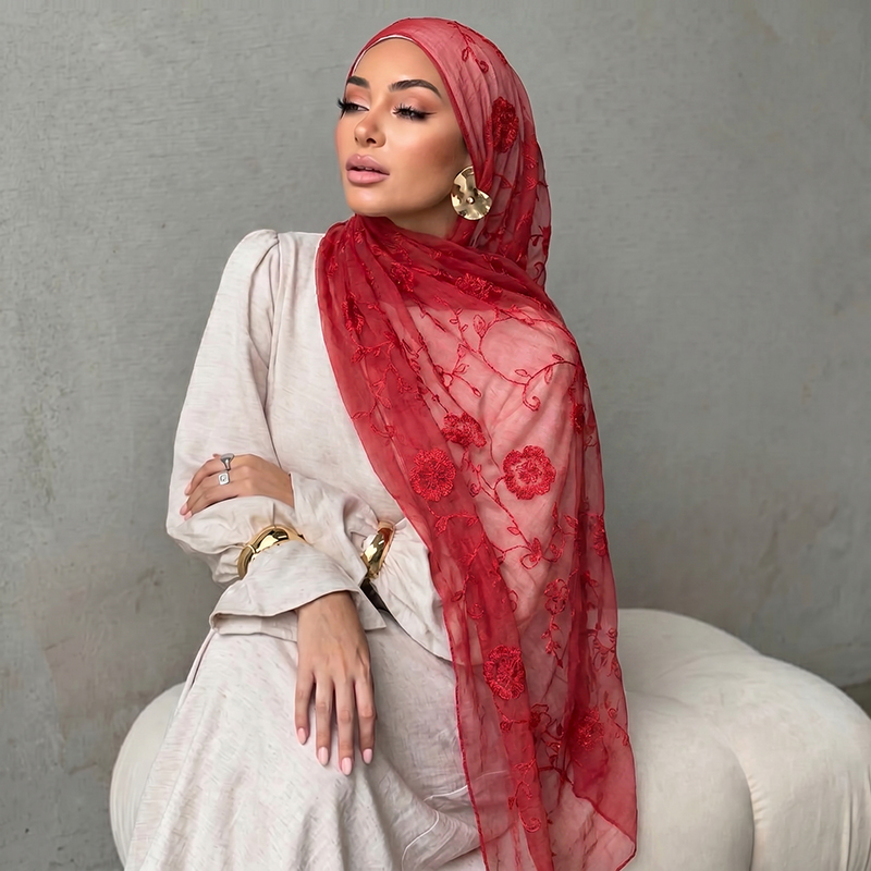 Embroidery Print - Çiçek Nakışlı Müslüman Başörtüsü Şeffaf Eşarp