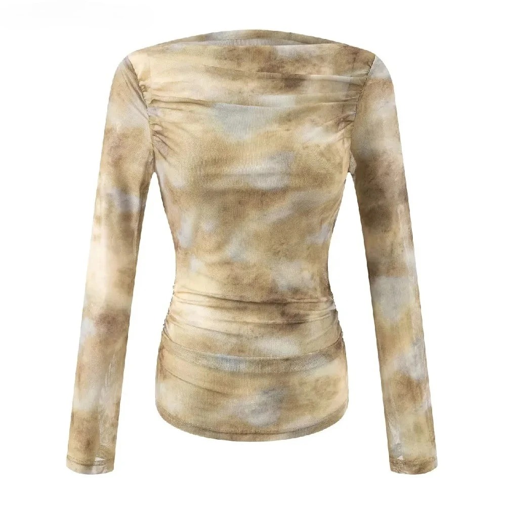 Embroidery A - 2025 Seksi Tie-Dye Baskılı Büzgülü Omuzlu
