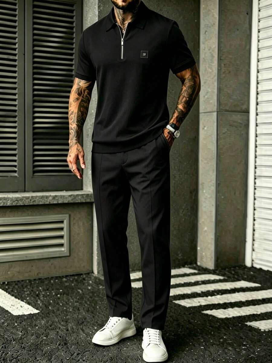 Embroidery Men Shirt - Erkek Siyah Kısa Kollu Fermuarlı Gömlek