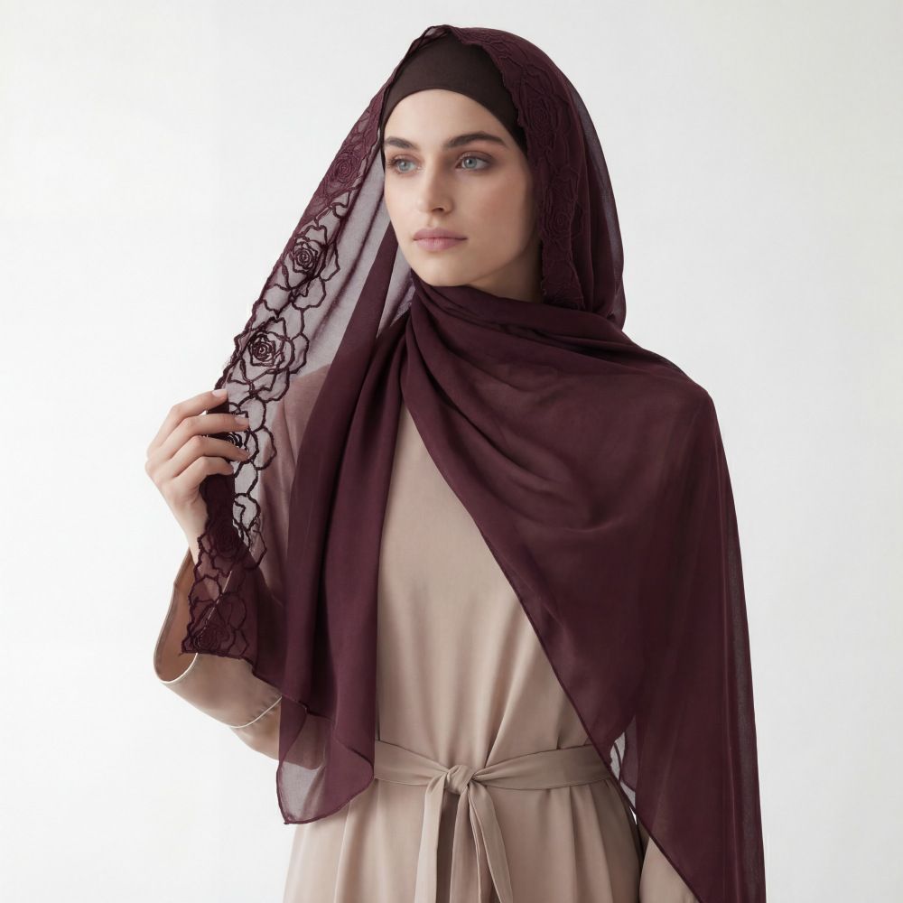Embroidery Hijab - Mor Şifon Başörtüsü Şallar Kadın Nakış