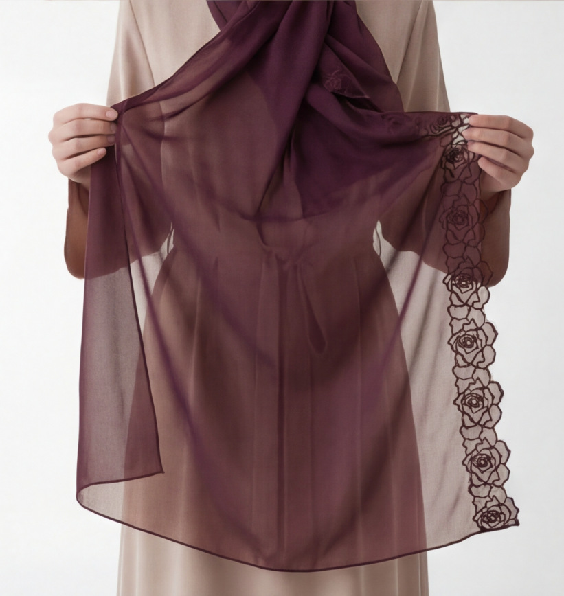 Mor Şifon Başörtüsü Şallar Kad - Embroidery Hijab incelemesi ve fiyatı
